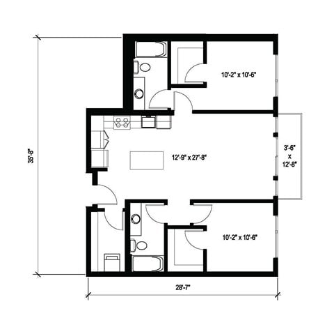 Floor plan for 2 beds, 2 baths, 951 sqft
